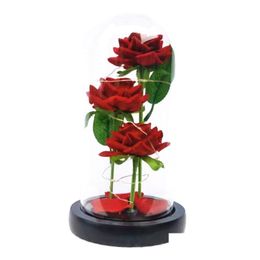 Decorative Flowers & Wreaths Artificial Eternal Cloth Decorative Flowers Rose Led Light Beauty The Beast In Glass Er Home Decor For Ne Dh4Qj