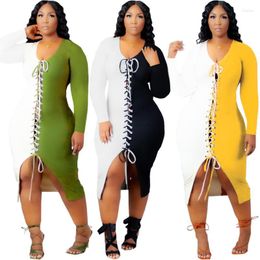 Casual Dresses White And Yellow Patchwork Bandage Dress For Women V-neck Bodycon Slim Skirt Outfit Autumn Clothing Vestido Feminino