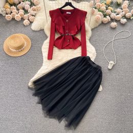 Two Piece Dress High Quality Ruffle Edges And Waistband Long Sleeve Knit Shirt For Women With Autumn And Winter Girls Pleated Mesh Skirt Sets 2024