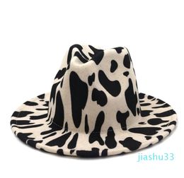 European US British Style Cow Print Jazz Felt Hat Faux Wool Fedora Hats Women Men Wide Brim Panama Party Formal Hat