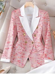 Women's Wool Blends Elegant Lady Pink Tweed Woolen Blazer for Women 2023 Double Breasted Autumn Jackets and Coats Plus Size Tops Veste FemmeL231118