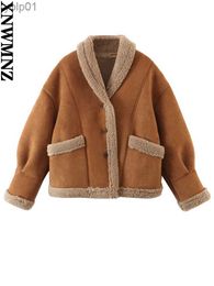 Women's Down Parkas XNWMNZ Fall Winter Women's Fashion Loose Pocket Jacket Women's Retro Suede Lamb Wool Warm CoatL231118