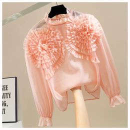 Women's Blouses Shirts Summer Casual Black Shirts Women Camisa Feminina Blusas Palace Puff Tops Flare Long Sleeve Blouse Summer 3D Flower Blouses 2024