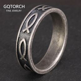 Wedding Rings 100% Real 999 Sterling Silver Jesus Fish Ring For Men Women 7 Fishes Antique Processing Ichthys Ichtus Christian Jewelry231118