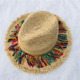 Wide Brim Hats Coloerfull Tassel Ribbon Decorate Straw Hat Shading Sun Lady Fashion Beach Jazz Summer For Woman