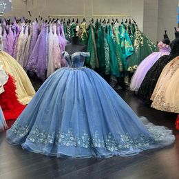 the Blue Shoulder Off Quinceanera Dresses Ball Gown Floral Appliques Lace Bow Back Corset for Sweet 15 Girls Party