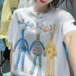 Women's T-Shirt Luxury Sweet Girl Giraffe Diamonds Crystals T Shirts Korean Fashion Ladies Tops High Quality Cotton Short Sleeve Summer Tee 230418