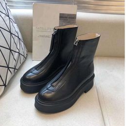 The row smooth Leather Ankle Chelsea Boots platforms zipper slip-on round Toe block heels Flat Wedges booties chunky boot for women factory uggdlje