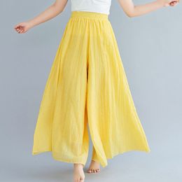 Women's Pants Capris #1140 Women Wide Leg Pants Cotton Linen Spring Summer Pant Skirts Ladies Elastic High Waist Full Length Pant Trousers Femme Girl 230418