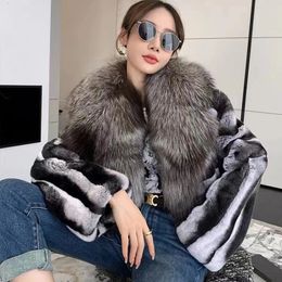 Women's Fur Faux Female Rex Rabbit Coat Natural Chinchilla Coloured Hood Thickened for Warm 100 Real Winter 2023 231117