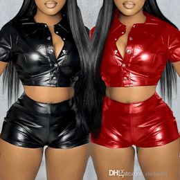 Sexy PU Tracksuits Women New Breasted Waist Short Sleeve Imitation Leather Shirt Shorts For 2023 Spring And Summer Two Piece Set