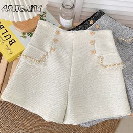 Women's Shorts High Waist Tweed Shorts Women Casual Loose Ladies Fashion Spring Autumn Slim Button Shorts Allmatch 230417