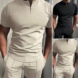 Men's Tracksuits 2 PcsSet Men T-shirt Shorts Set Solid Colour Stand Collar Zipper Short Sleeves Stretchy Waist Summer Tops Pants Set Daily Clothe 230418