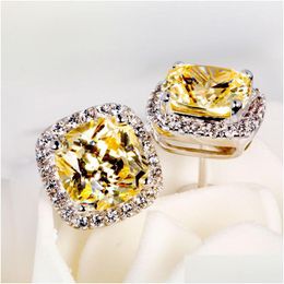 Stud Luxury Female Crystal Zircon Stone Earring Fashion Sier Color Yellow Ear-Rings Vintage Double Stud Earrings For Drop De Dhgarden Ot9Eq