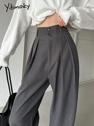 Women's Pants Capris Yitimoky Woman Pants High Waisted 2 Buttons Pleated Trousers Baggies Full Length Office Ladies Work Black Gray Vintage Bottoms 230418