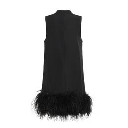 Nuovo abito firmato Abito elegante con piume per donna Abiti firmati Abito nero di fascia alta Abiti da festa in tinta unita senza maniche da donna Abito di Capodanno di Natale