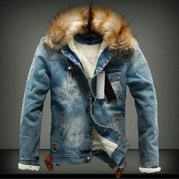 Men's Jackets Winter Mens Denim Jacket with Fur Collar Retro Ripped Fleece Jeans Jacket and Coat for Autumn Winter S-6XL 231118