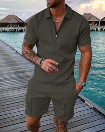 Men's Tracksuits Summer Men's Sports Suit Casual Colour Contrast POLO Zip-up Lapel Shirt 3D Printed Men's Short Sleeves Shorts 230418