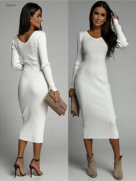 Basic Casual Dresses Pit Stripe Rib Long Sleeve Autumn Women Dress Casual Midi Length Stretchy Robe Simple Solid V-neck Bodycon Fall Long Vestido 231117