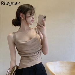 Women's Tanks Camis Vintage Camisole Women Summer Solid Brown Tops Folds Party Streetwear Simple All-match Sexy Famale Leisure Korean Style Clothing 230417