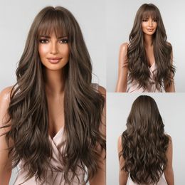Synthetic Wigs Long Brown Natural Wave Dark Wig with Bangs Daily Cosplay Use Hair for Black Women Heat Resistant Wavy 230417