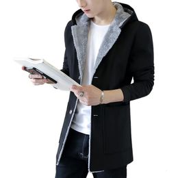 Men's Wool Blends Men 's Fashion Warm Hoodie Jacket 2023 Winter MenTrench Coat Plus Velvet Thickening Slim Fit Overcoat Trench 231118