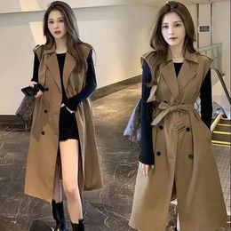 Women's Jackets Korean Fashion Sleeveless Windbreaker Women Classic Khaki Double Breasted TurnDown Collar Vest Trench Coat Casual Waistcoat 230418