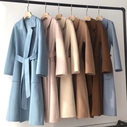 Women's Wool Blends Korean Women Handmade Hepburn Corrugated Water Ripples Coat Doublesided Cashmere Long Woollen Jacket Max 231118
