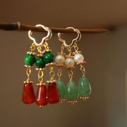 Green, Fat, Red, Thin, and Tian Yu, Pearl, Ethnic Ancient Style, Four Leaf Clover Shaped Ear Hook, Niche Design, Fashionable, Light