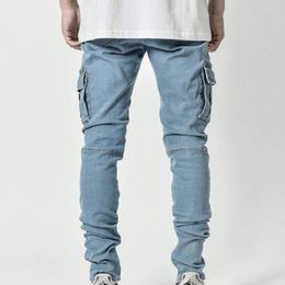 Men's Jeans Vintage Cargo Pants Baggy Blue Denim Multi Pockets Men Solid Color Mid Waist Stretchy Skinny Trousers