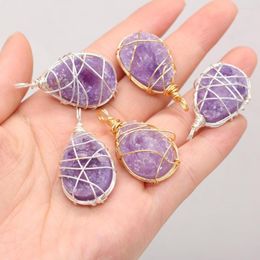 Pendant Necklaces Natural Stone Gem Drop Shape Amethyst Handmade Crafts DIY Necklace Jewellery Accessories Gift Make For Woman Size 20x40mm