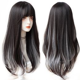 Synthetic Wigs HOIUYAN Female long straight hair bangs synthetic wig gradient Grey cosplay Lolita 230417