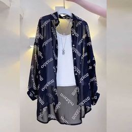 Sunscreen clothing Women Letter Print Sexy Thin Sheer Button Up Shirt Summer Fashion Sunscreen Oversized Blouse Casual Long Sleeve Streetwear Tops P230418