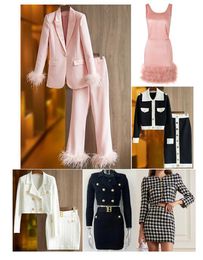 Women Two Pieces Dress Luxury Designer Woman Skirt Set Long Pants Sets Turtle Neck Grid Pattern Dress And White O-neck One-Pc Skirts Office Lady Clothes Business