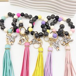Boho chic Colourful silicone beads mixed wristelet pu leather tassel tag keychains