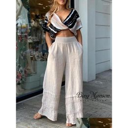 Women'S Pants Capris Womens Summer Two Piece Sexy Casual V-Neck Short Top Straight Waist Loose Set For Women Joggers Clothes Y2K D Dhxka
