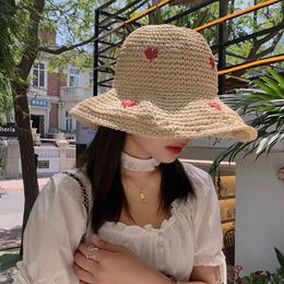 Berets Heart Womens Straw Hats Crochet Hat Panamas UV Protection Sun Visor Beach Women Visors Foldable Female Summer