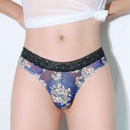 Floral Lace Panties Men Pouch Thong Transparent Sexy Breathable G String Underwear Plus Size Gay