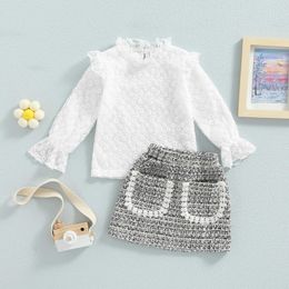 s 1-6Y Kid Girl Clothing Autumn Outfits Long Sleeve Lace Jacquard Flower Pattern Tops and Elastic Waist Skirts Set P230418