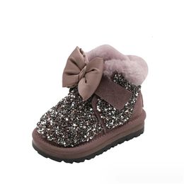 ブーツ2023子供のための雪の光沢のある弓プリンセスコットンシューズウォームファッションキッズ231117