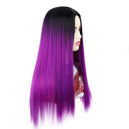 yielding Wig long straight hair wig head cover black gradient grape purple split long straight hair wig head cover