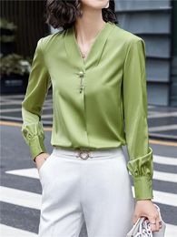 Women's Blouses Green Blouse Women 2023 Spring Autumn Ladies Fashion Korean Style Satin V Neck White Blousa Long Sleeve Elegant Vintage