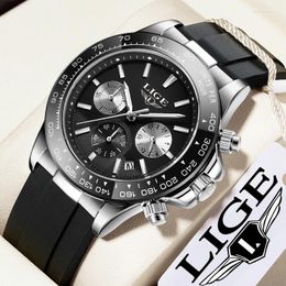 Wristwatches 2023 LIGE Chronograph Men Watch Top Waterproof Quartz Wrist Watches Date Sports Silicone Clock Reloj Hombre