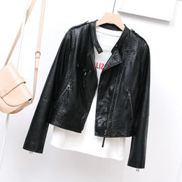 Women's Leather Faux 2023 spring clothes standup collar PU women's motorcycle leather jacket epaulette zipper Haining short coat 230418