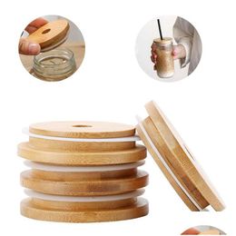 Drinkware Lid 70/86Mm Bamboo Cap Lids Reusable Wooden Mason Jar Sealing Caps With St Hole And Sile Seal Drop Delivery Home G Dhgarden Dhm0B
