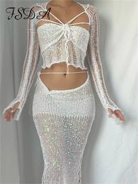 Two Piece Dress FSDA Sequins Knitted Hollow Out Long Sleeve Crop Top And Midi Bodycon Skirt Set Summer Women Beach Outfits 230418