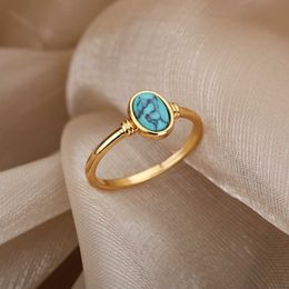 Band Rings Vintage Green Oval Stone Rings For Women Stainless Steel Gold Colour Opal Ring Trendy Aesthetic Jewellery Wedding Gift anillos AA230417