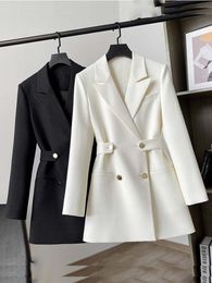 Women's Suits Blazers Fashion Woman 2023 Waist Slim Double Breasted Dress Suit Jacket Spring Pure Color Elegant Straight White 230418