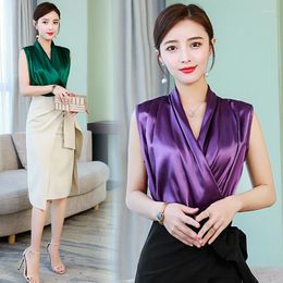 Women's Blouses Women Silk Blouse 2023 Summer Sleeveless Tops Elegant Female Sexy Plain Soft Shirt