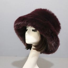 Wide Brim Hats Bucket Winter Women Faux Fur Hat Cap Rabbit Thick Warm Plush Lady Fishermen Girl Fluffy Outdoor Windproof Casual 231117
